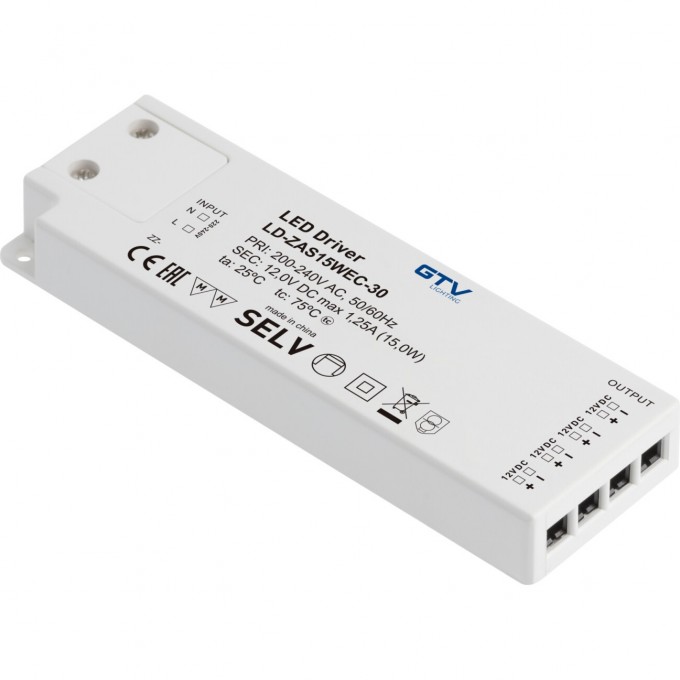 Блок питания GTV SLIM EASY CLICK 15W для светодиодов с mini amp и проводом LD-ZAS15WEC-30 Блок питания GTV SLIM EASY CLICK 15W для светодиодов с mini amp и проводом LD-ZAS15WEC-30